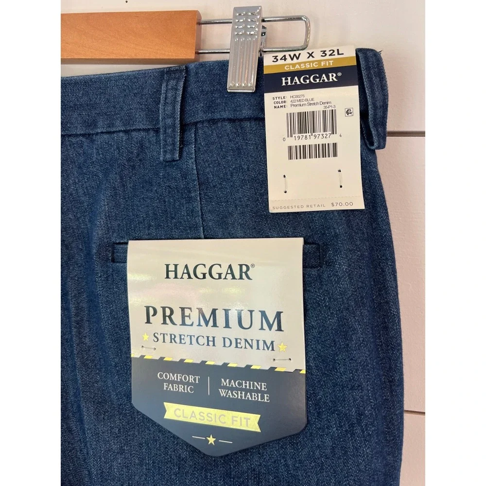 NWT Haggar Premium Stretch Denim Pants Mens 34x32 Classic Fit Blue Jeans